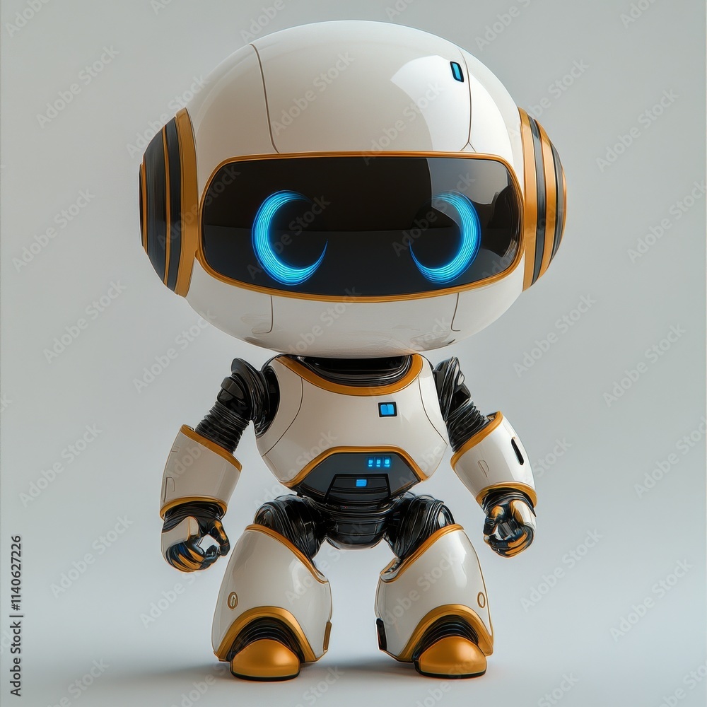 Aufkleber cute small robot with a round head and glowing features stands on a white background