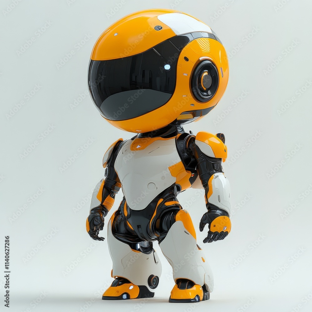 Poster cute small robot with a round head and glowing features stands on a white background