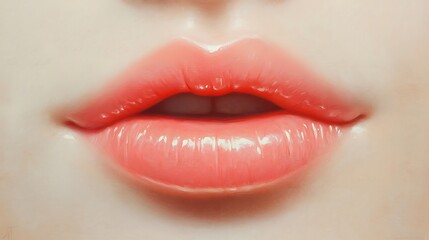 Obraz premium Close-up of naturally full lips with a delicate pink hue, a subtle gloss finish reflecting soft lighting, sharp detail on texture, with a blurred minimalist backdrop in muted tones,