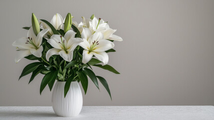 beautiful bouquet of white Easter lilies in vase on table © pawimon