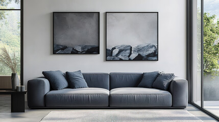 Grey Sofa and Stone Texture Poster in Modern Minimalist Living Room