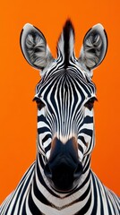 Zebra posing on orange background: striking portrait of african wildlife