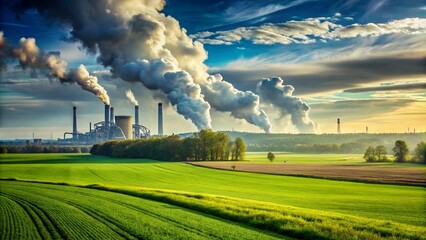 Green field with distant factory emitting smoke, showing nature vs. pollution impact