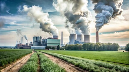 Green field with distant factory emitting smoke, showing nature vs. pollution impact