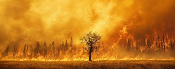 Wildfire burning forest trees with lone surviving tree