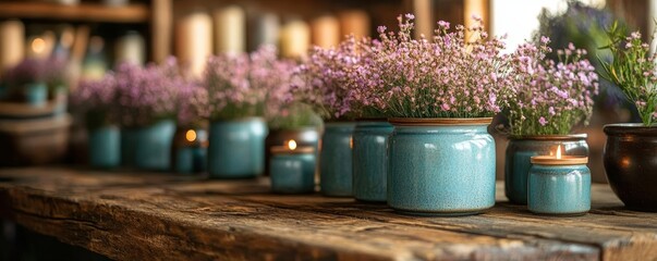 Beautifully Arranged Ceramic Pots with Pink Flowers and Lit Candles on a Rustic Wooden Table, Creating a Harmonious and Cozy Indoor Decor Setting