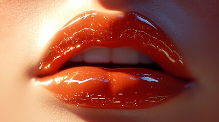 Detailed close-up of naturally plump lips with a translucent gloss, realistic textures highlighted by soft, diffused lighting,