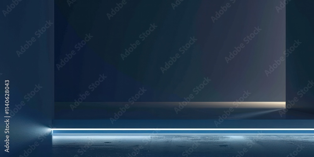 Poster minimalist dark space illuminated by a subtle line of light creating a serene and modern atmosphere.