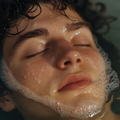 close up of a person with closed eyes in soapy water