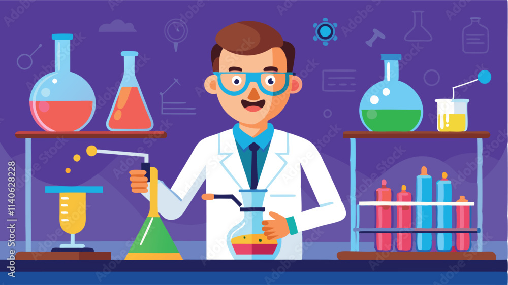 Aufkleber scientist conducting experiments in a laboratory with various glassware and colorful liquids in a ve