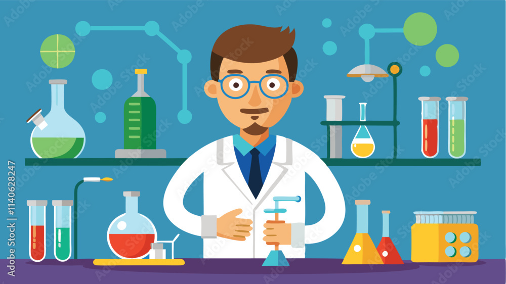 Poster scientist conducting experiments in a laboratory with various glassware and colorful liquids in a ve