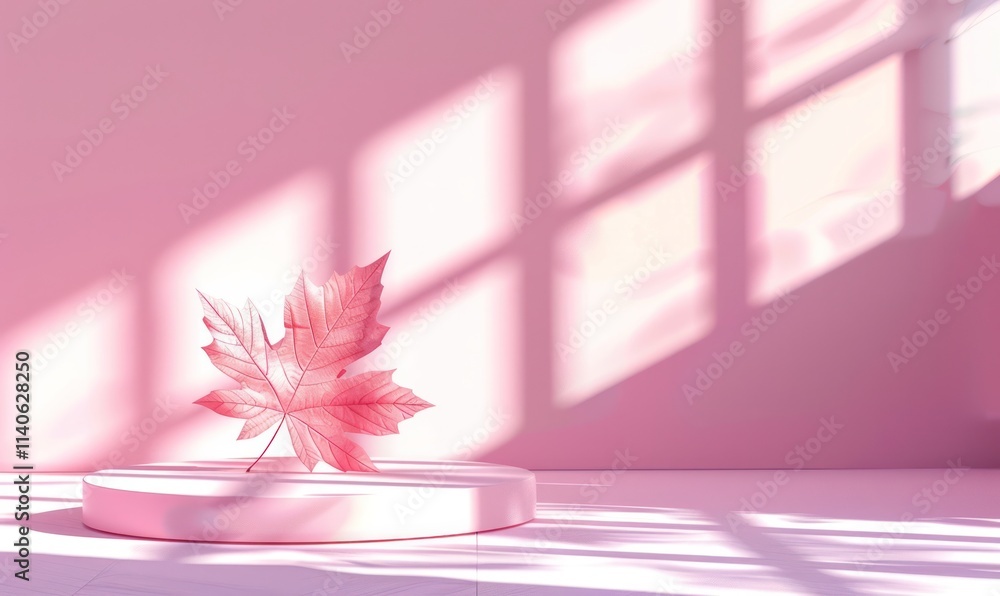 Poster delicate pink leaf sits on a circular base illuminated by soft shadows cast through a window creatin
