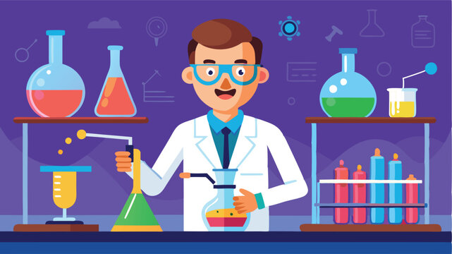 Scientist conducting experiments in a laboratory with various glassware and colorful liquids in a vector design