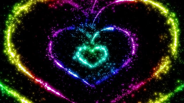 ハート型の軌跡を描く光のパーティクル ループ背景 虹色