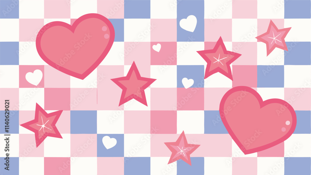 Poster colorful hearts and stars pattern on a blue and white checkered background for cheerful design proje