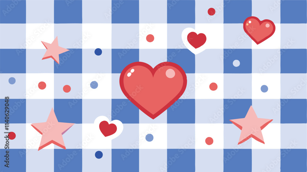 Poster colorful hearts and stars pattern on a blue and white checkered background for cheerful design proje
