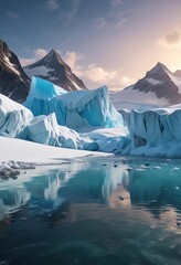 A stunning glacier calving event with icebergs breaking off the glacier, glacier calving, polar region,