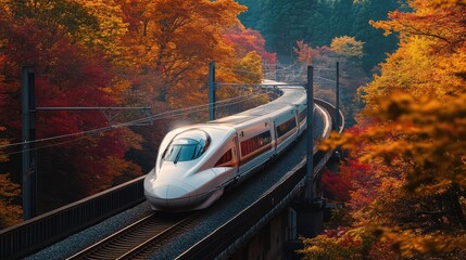 A high-speed train traveling through a forest in autumn, with vibrant foliage visible through large passenger windows