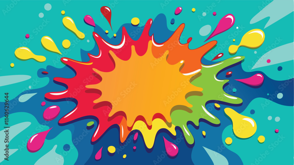 Poster colorful splash design with vibrant shapes and droplets on a bright background capturing playful art