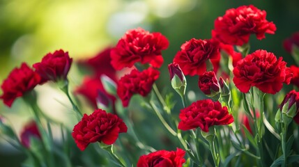 Obraz premium Red carnations blooming in summer garden sunlight