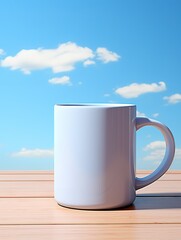 White coffee mug sits on a wooden table in front of a blue sky