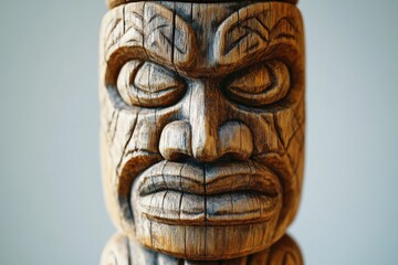 close up of a carved wooden tiki idol face