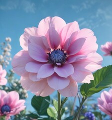 Blooming shape in pale pink and sky blue hues, gentle, subtle, flower