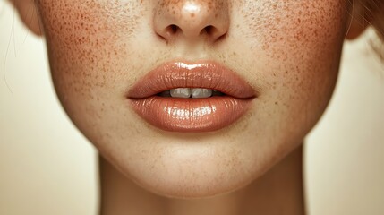 Fototapeta premium Full lips with a soft blush tint, surrounded by faint freckles, glossy and radiant under diffused golden light, ultra-realistic textures emphasized in sharp focus,