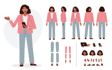 Casual business woman character constructor for animation. Front, side and back view set. Body parts, postures, poses collection. Vector illustration.