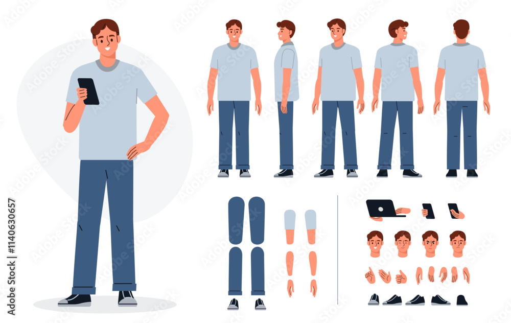 Poster casual man character constructor for animation. front, side and back view. body parts and postures c
