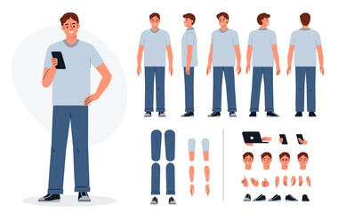Casual man character constructor for animation. Front, side and back view. Body parts and postures collection. Vector illustration.