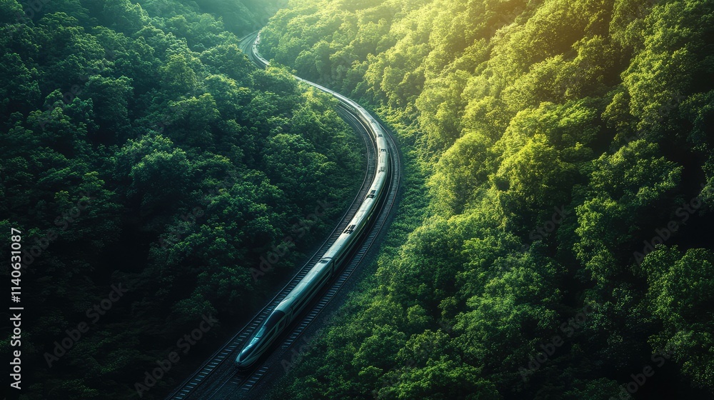 Poster A high-speed train winding through a dense forest, with sunlight filtering through the canopy and tracks disappearing into the trees
