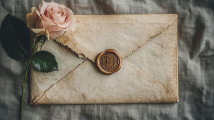 Romantic letter with red rose and wax seal on rustic wooden table