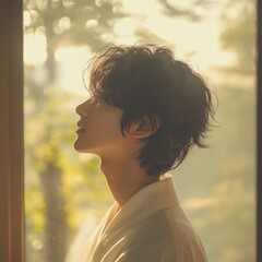 Person looks out of a bright window