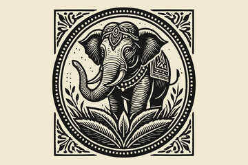 Obraz premium Vintage black Indian elephant emblem, monochrome vector design