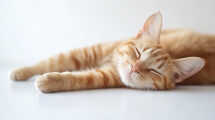 Ginger kitten sleeping peacefully on white background