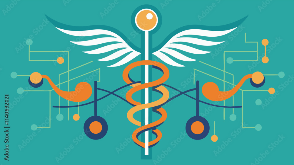Poster Symbolic blend of music and health featuring a stylized caduceus surrounded by notes and leaves, representing harmony and vitality in a creative vector design