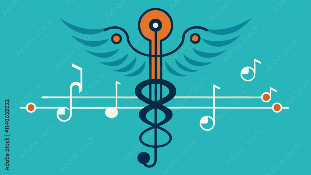 Poster Symbolic blend of music and health featuring a stylized caduceus surrounded by notes and leaves, representing harmony and vitality in a creative vector design