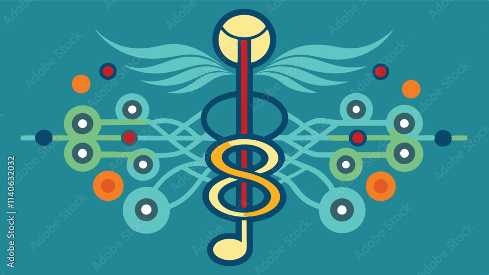Aufkleber Symbolic blend of music and health featuring a stylized caduceus surrounded by notes and leaves, representing harmony and vitality in a creative vector design