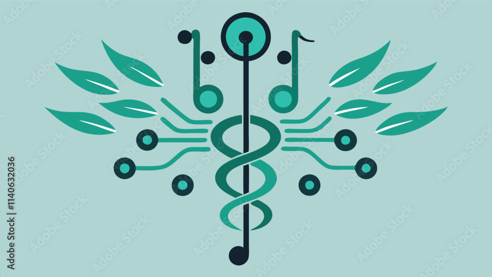 Aufkleber symbolic blend of music and health featuring a stylized caduceus surrounded by notes and leaves, rep
