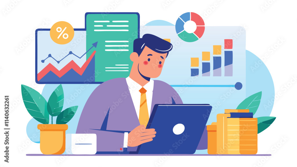 Aufkleber business professional using laptop in modern workspace with charts and plants for productivity and c