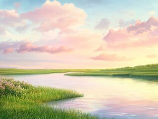 Serene prairie twilight with vivid hues shimmering on tranquil waters.