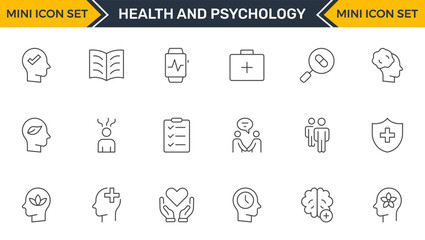 Set of Mental Health and Psychology Icons: A Complete Collection for Therapy Sessions, Counseling, Emotional Well-being, Support Services, and Wellness Programs