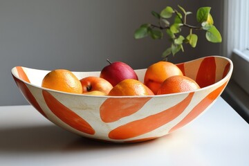 Modern orange and white ceramic bowl holding fresh fruit on table