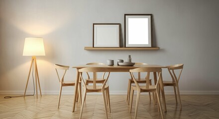 A dining room with an empty rectangular photo frames on the wall 3d illustration mock-up template.	