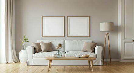 An interior living room with blank rectangular photo frames on the wall 3d illustration mock-up template.