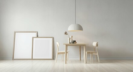 An interior study room with blank rectangular photo frames on the wall 3d illustration mock-up template.