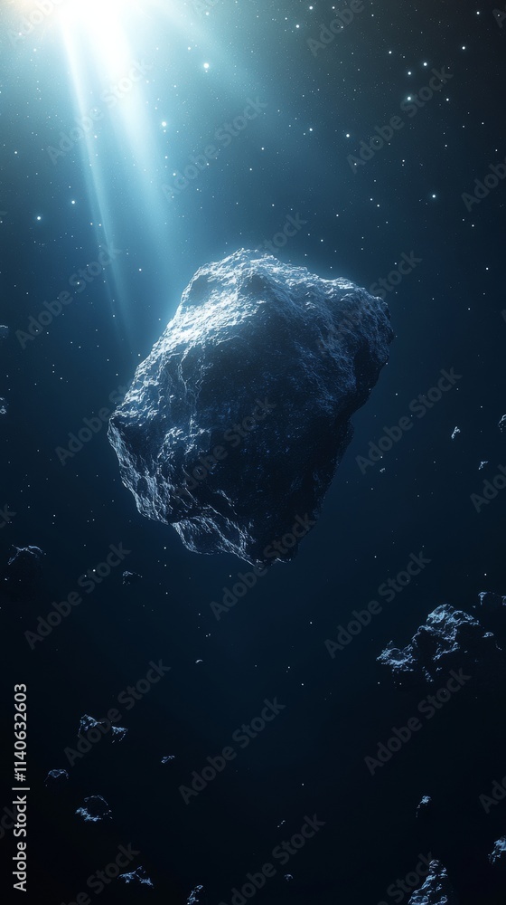Sticker large asteroid floating in deep space with bright star light