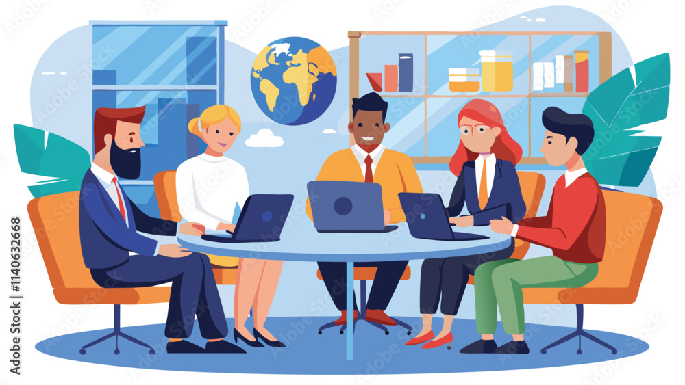 Poster diverse team collaborating in a modern office environment with a global perspective and technology u