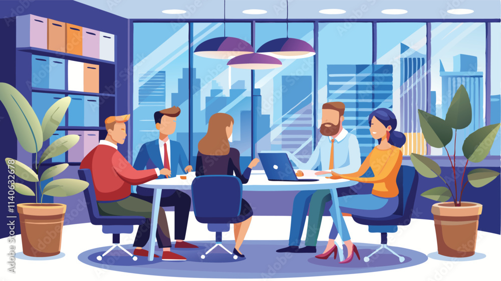 Poster business meeting in a modern office with diverse professionals discussing ideas and collaborating on